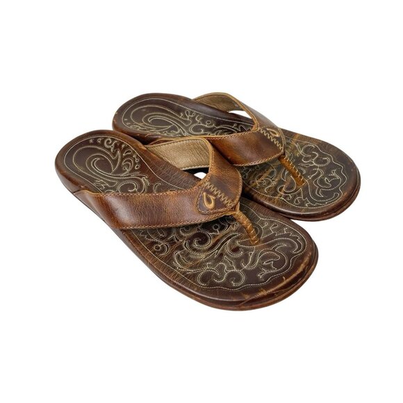 Olukai Mekila 10488-8787 Flip Flops Brown Leather Thong Sandals Slip On Men's 10 - Picture 1 of 12